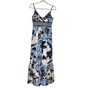 BCBGMAXAZRIA Silk Maxi Dress 6 White Blue Sleeveless Floral Abstract Ruffle Long